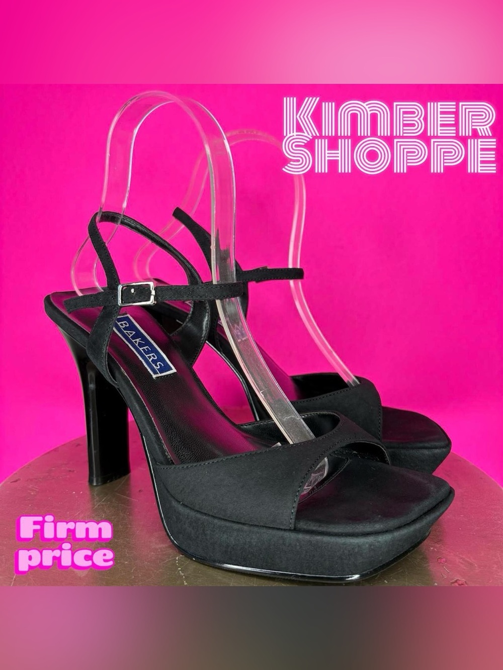 Bakers Black Suede Square Toe Ankle Strap Heeled Platform Sandal US 7